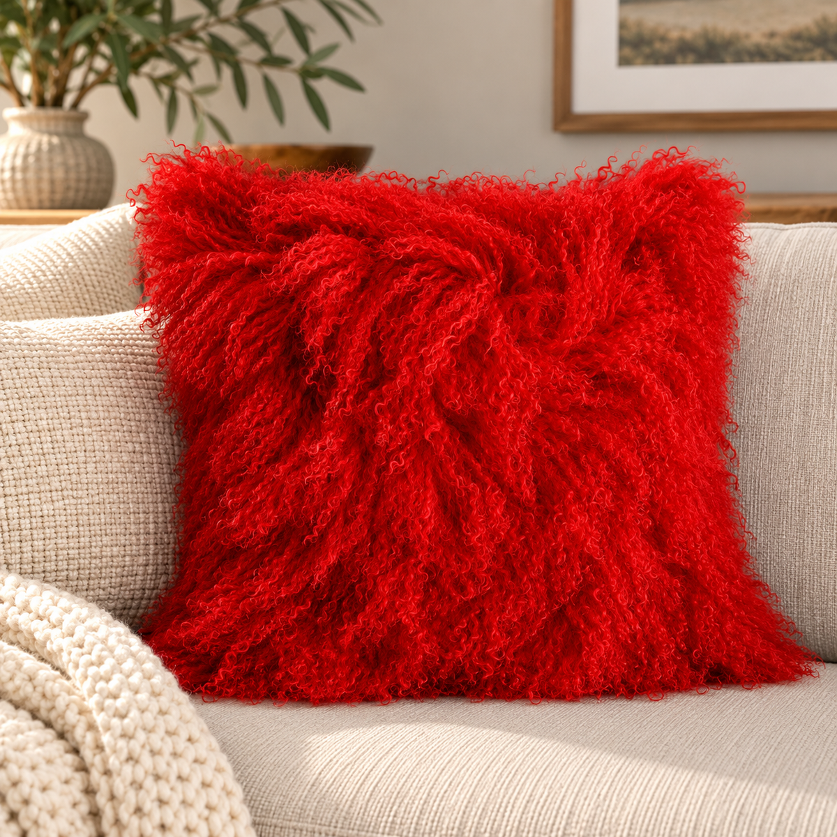 Mongolian/Tibetan Lamb Fur Pillow – 22″ × 22″ – Double-Sided
