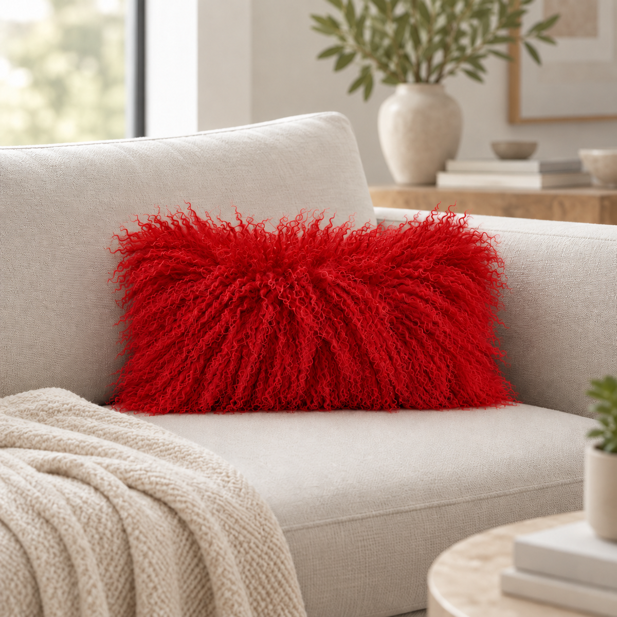Mongolian/Tibetan Lamb Fur Pillow – 9″ × 17″ – Double-Sided