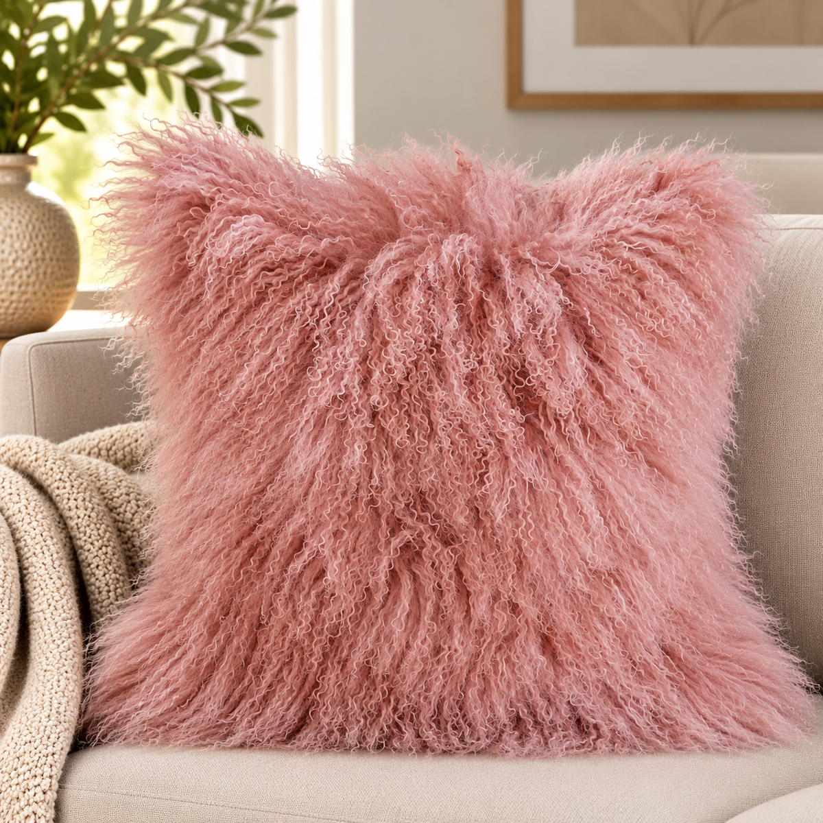 Mongolian/Tibetan Lamb Fur Pillow – 24″ × 24″ – Double-Sided