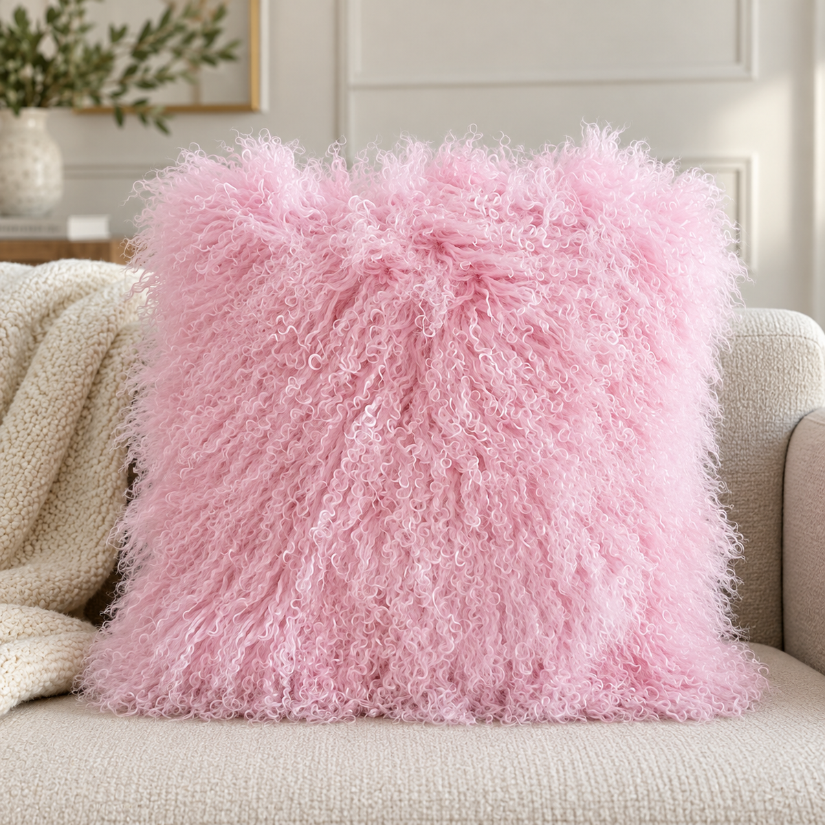 Mongolian/Tibetan Lamb Fur Pillow – 20″ × 20″ – Single-Sided