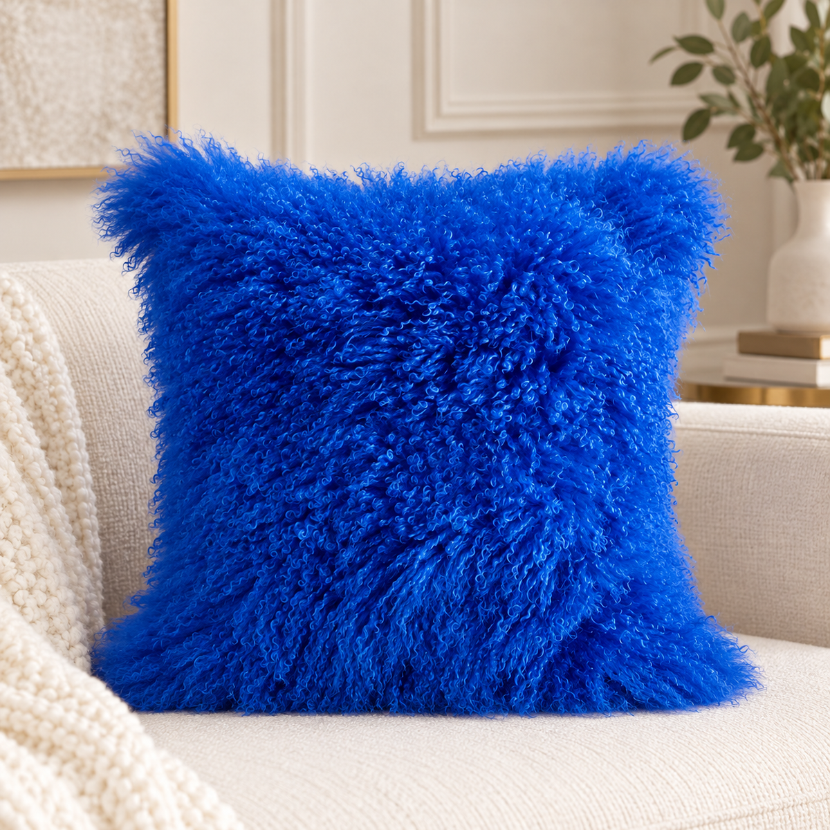 Mongolian/Tibetan Lamb Fur Pillow – 20″ × 20″ – Double-Sided