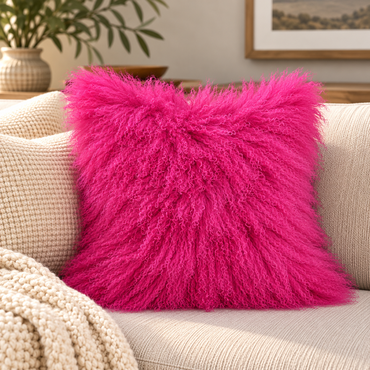 Mongolian/Tibetan Lamb Fur Pillow – 20″ × 20″ – Single-Sided
