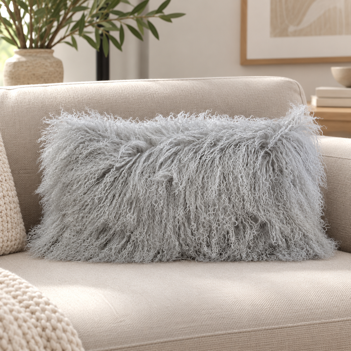 Mongolian/Tibetan Lamb Fur Lumbar Pillow – 12″ × 20″ – Single-Sided