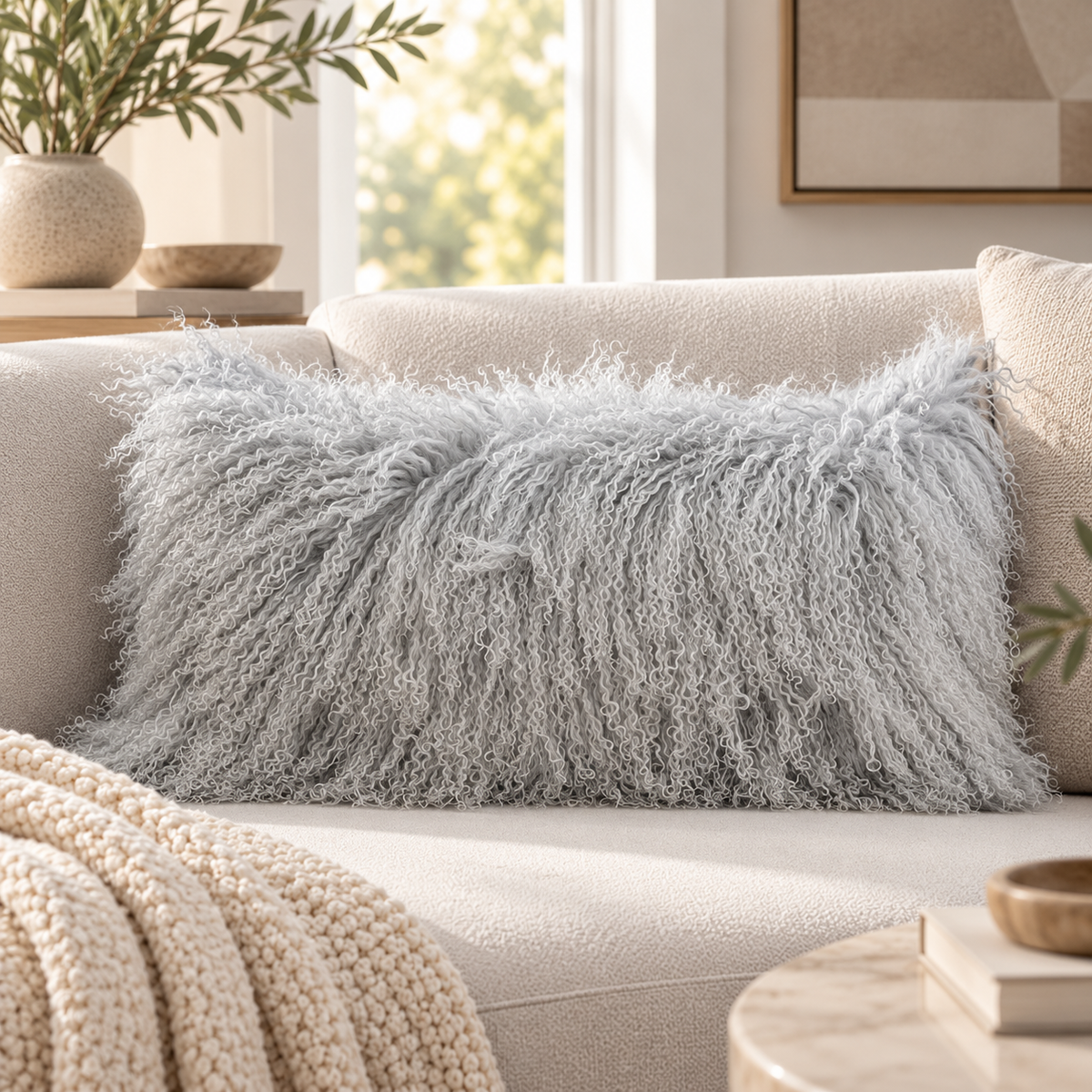 Mongolian/Tibetan Lamb Fur Lumbar Pillow – 12″ × 24″ – Single-Sided