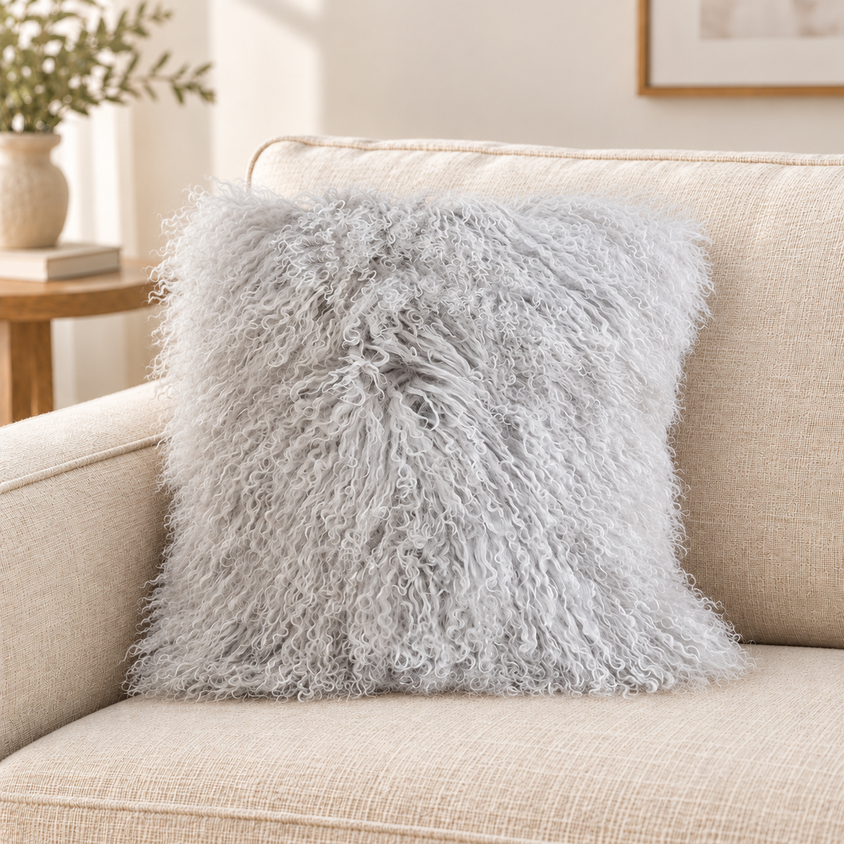 Mongolian/Tibetan Lamb Fur Pillow – 20″ × 20″ – Double-Sided