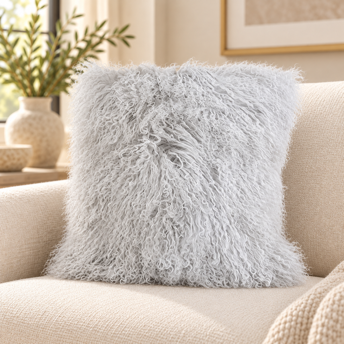 Mongolian/Tibetan Lamb Fur Pillow – 20″ × 20″ – Single-Sided