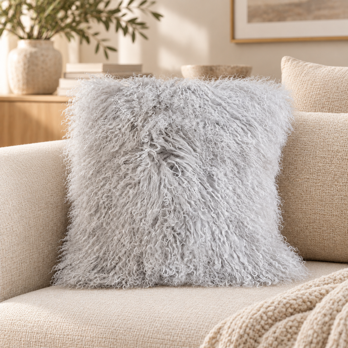 Mongolian/Tibetan Lamb Fur Pillow – 22″ × 22″ – Double-Sided