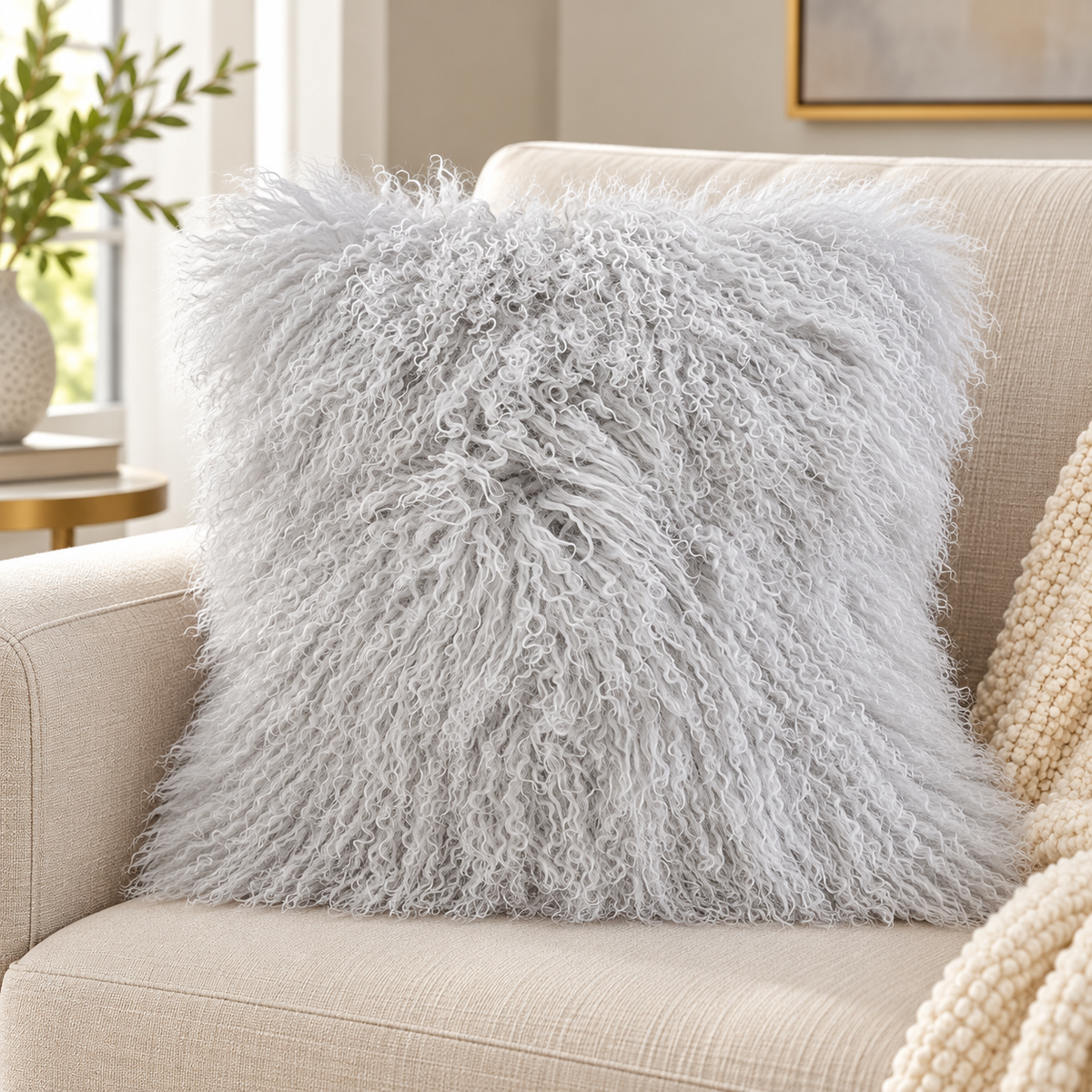 Mongolian/Tibetan Lamb Fur Pillow – 24″ × 24″ – Double-Sided