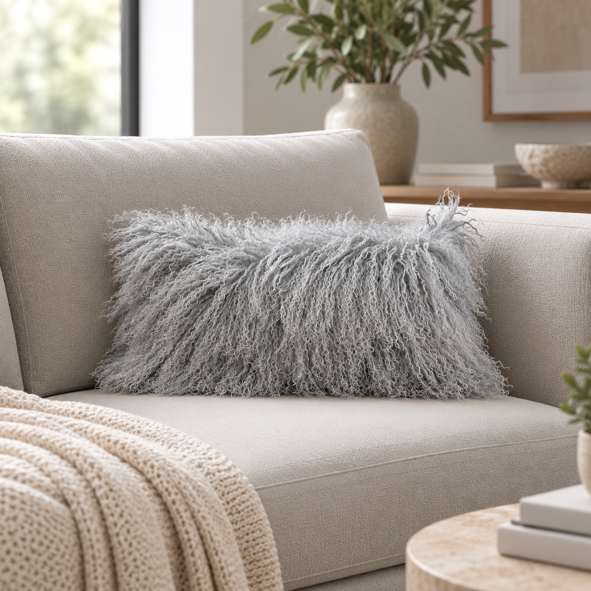 Mongolian/Tibetan Lamb Fur Pillow – 9″ × 17″ – Double-Sided