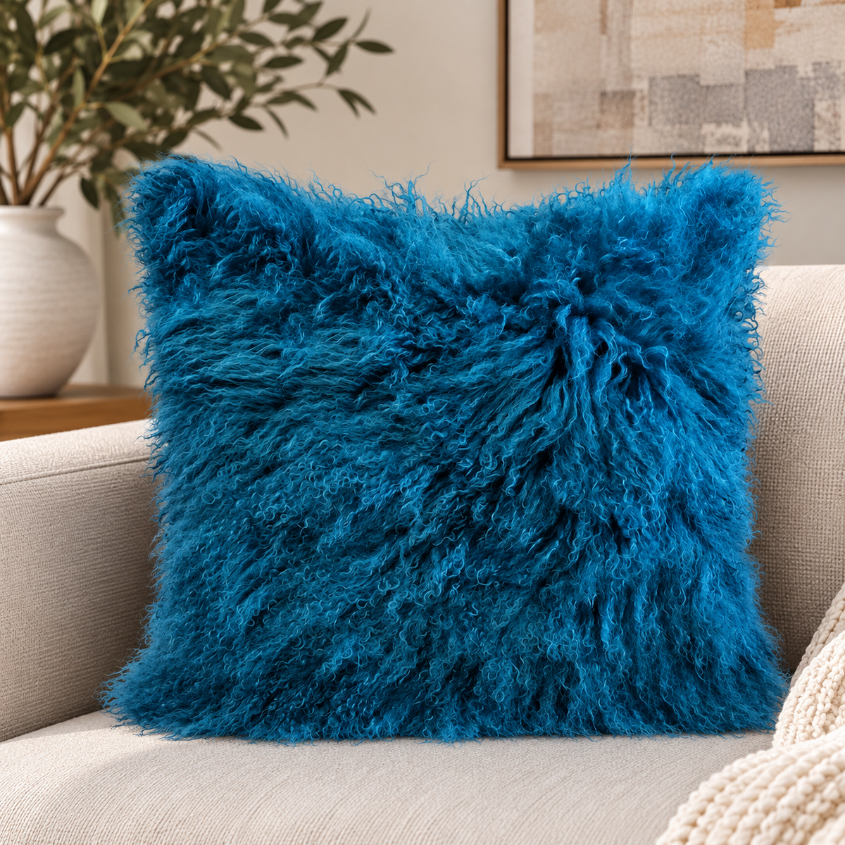 Mongolian/Tibetan Lamb Fur Pillow – 18″ × 18″ – Single-Sided