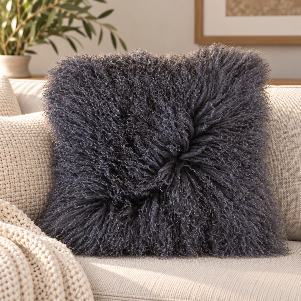 Mongolian/Tibetan Lamb Fur Pillow – 20″ × 20″ – Double-Sided
