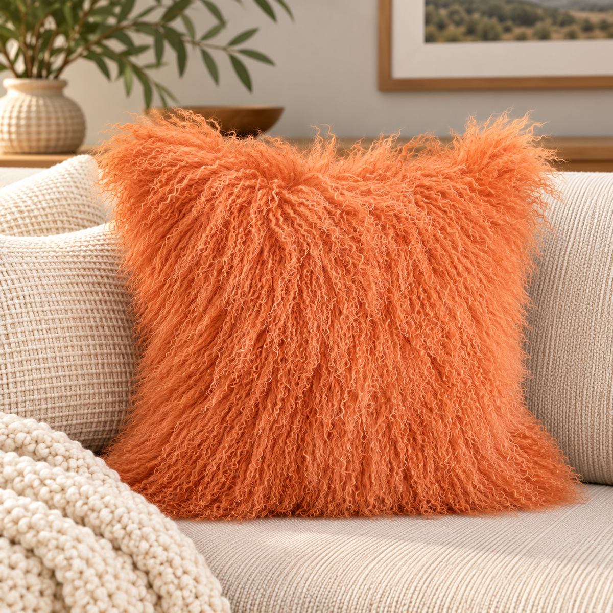 Mongolian/Tibetan Lamb Fur Pillow – 20″ × 20″ – Single-Sided