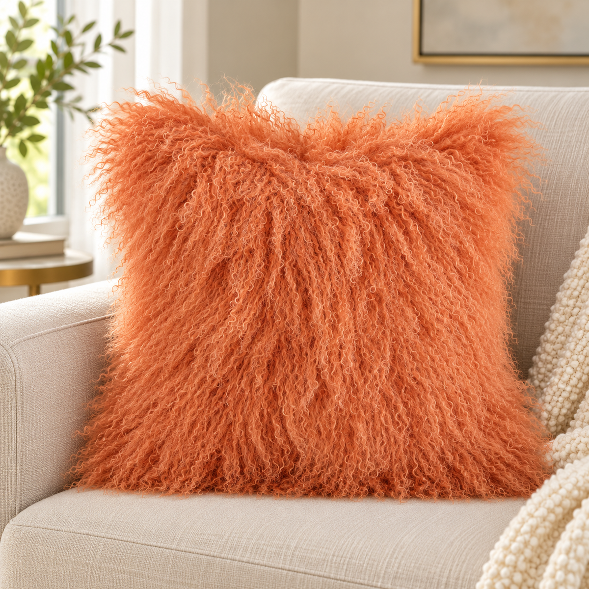Mongolian/Tibetan Lamb Fur Pillow – 24″ × 24″ – Double-Sided