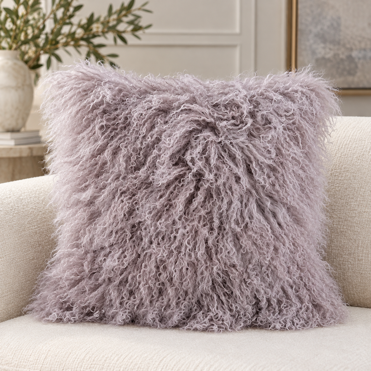 Mongolian/Tibetan Lamb Fur Pillow – 18″ × 18″ – Double-Sided