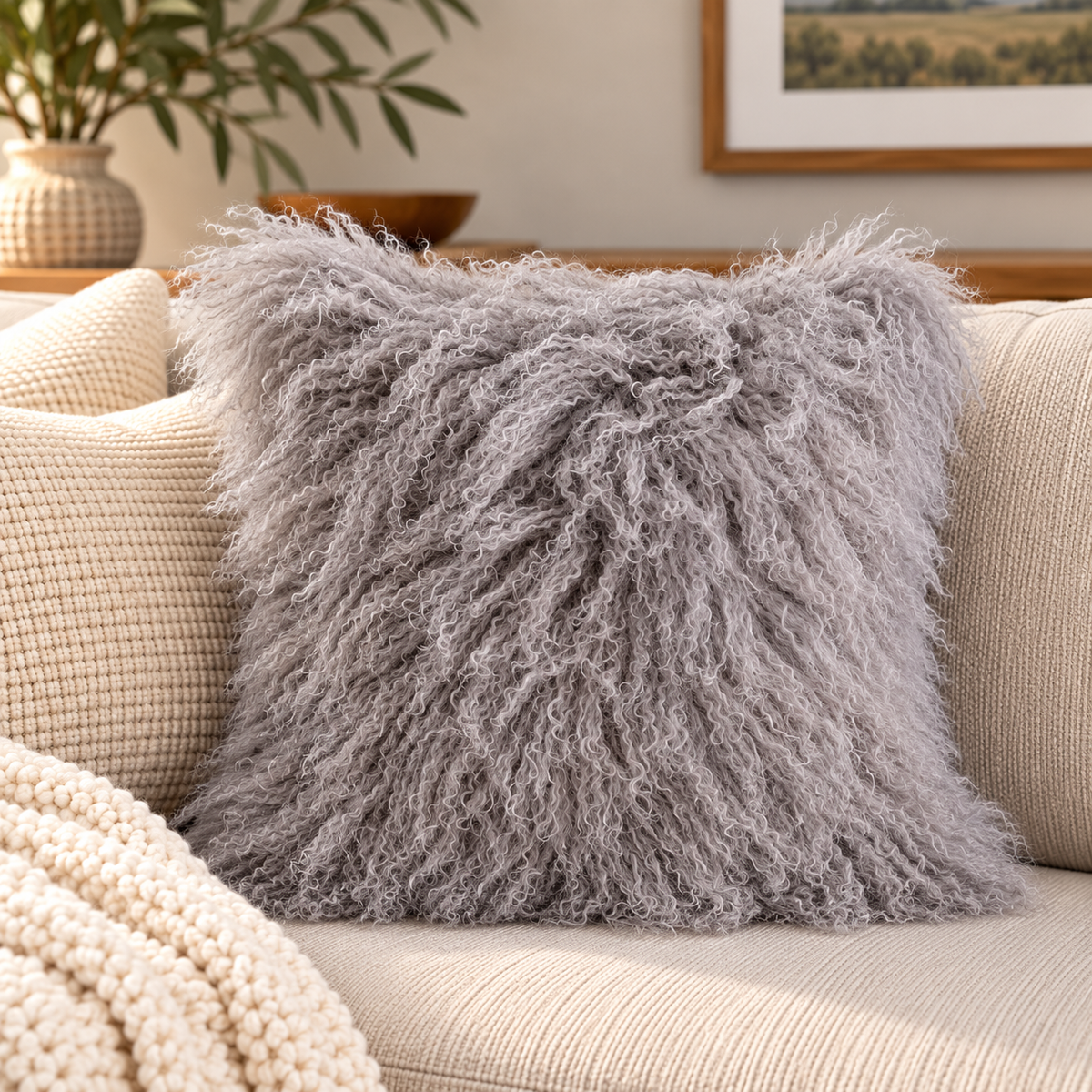 Mongolian/Tibetan Lamb Fur Pillow – 20″ × 20″ – Single-Sided