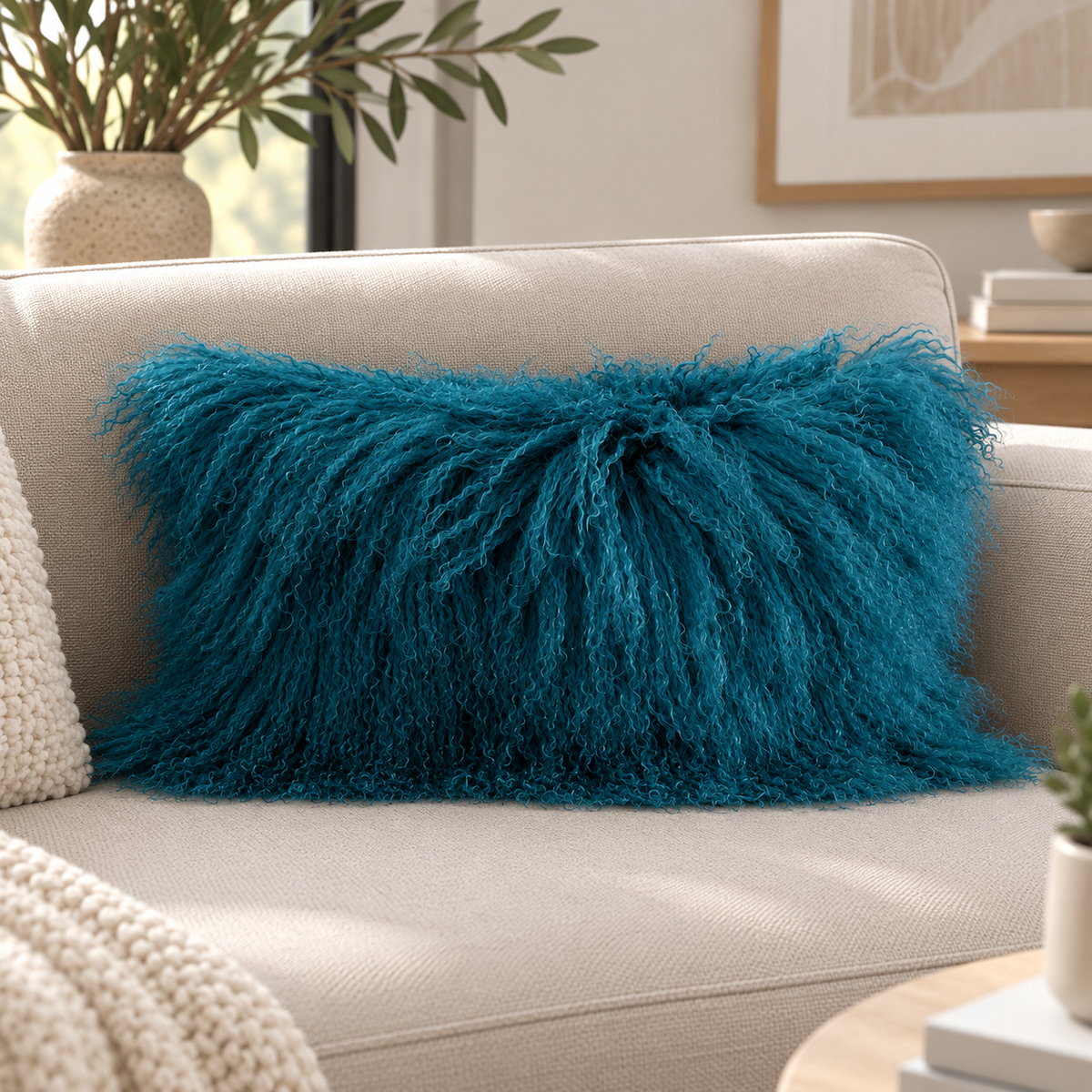 Mongolian/Tibetan Lamb Fur Lumbar Pillow – 12″ × 20″ – Single-Sided