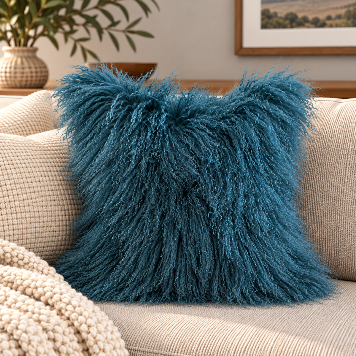 Mongolian/Tibetan Lamb Fur Pillow – 20″ × 20″ – Single-Sided