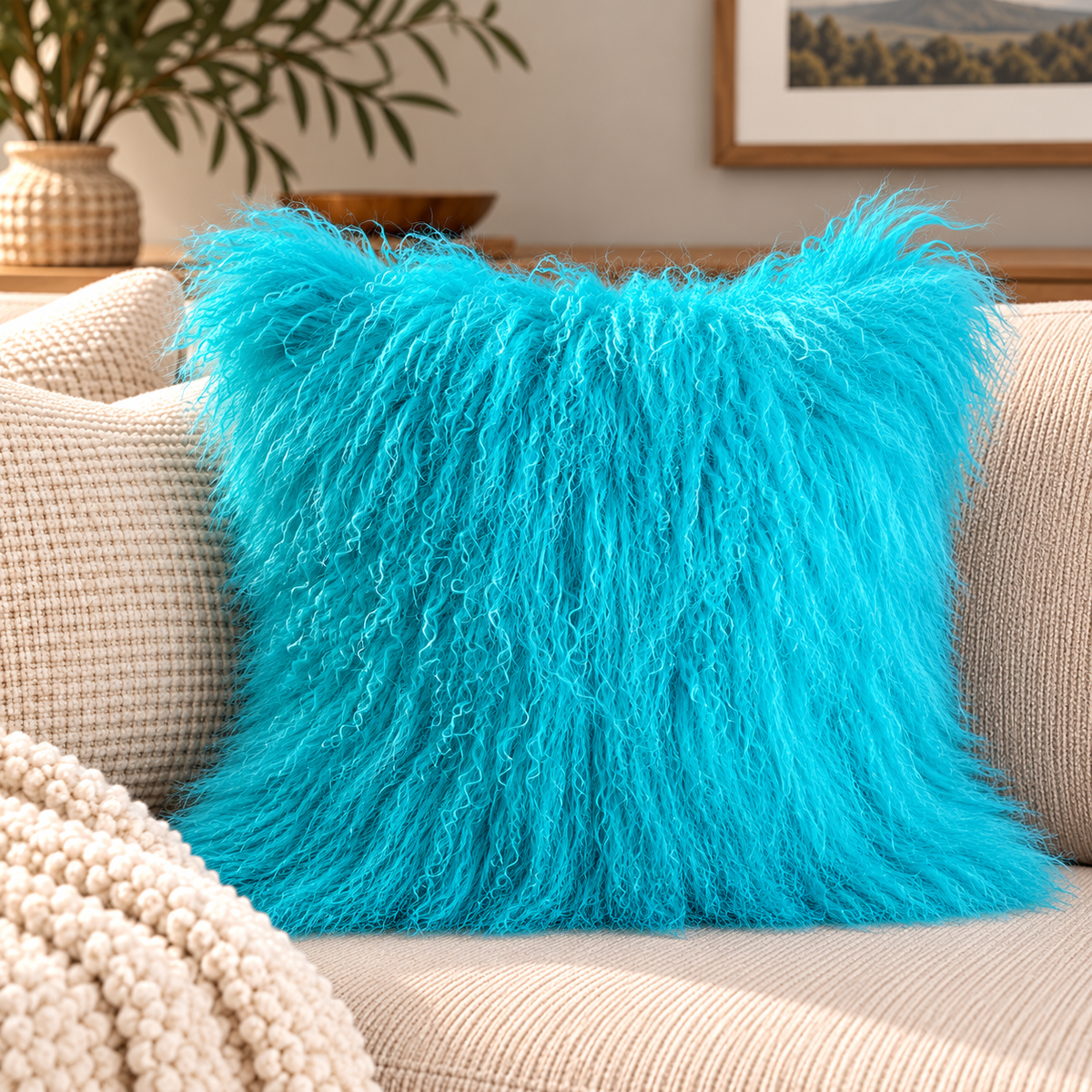 Mongolian/Tibetan Lamb Fur Pillow – 20″ × 20″ – Single-Sided