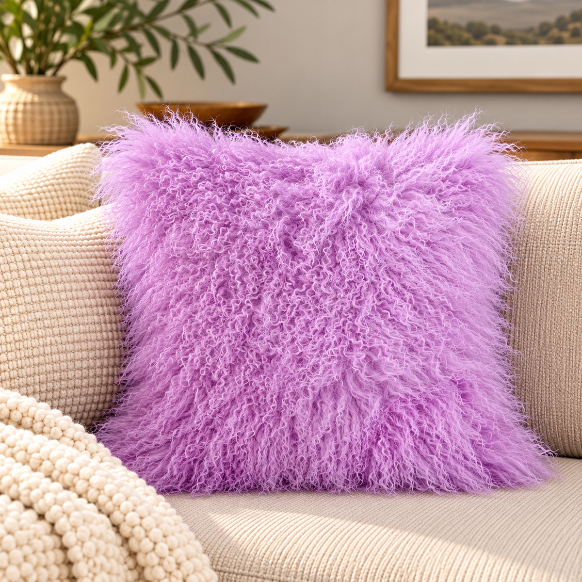 Mongolian/Tibetan Lamb Fur Pillow – 20″ × 20″ – Single-Sided