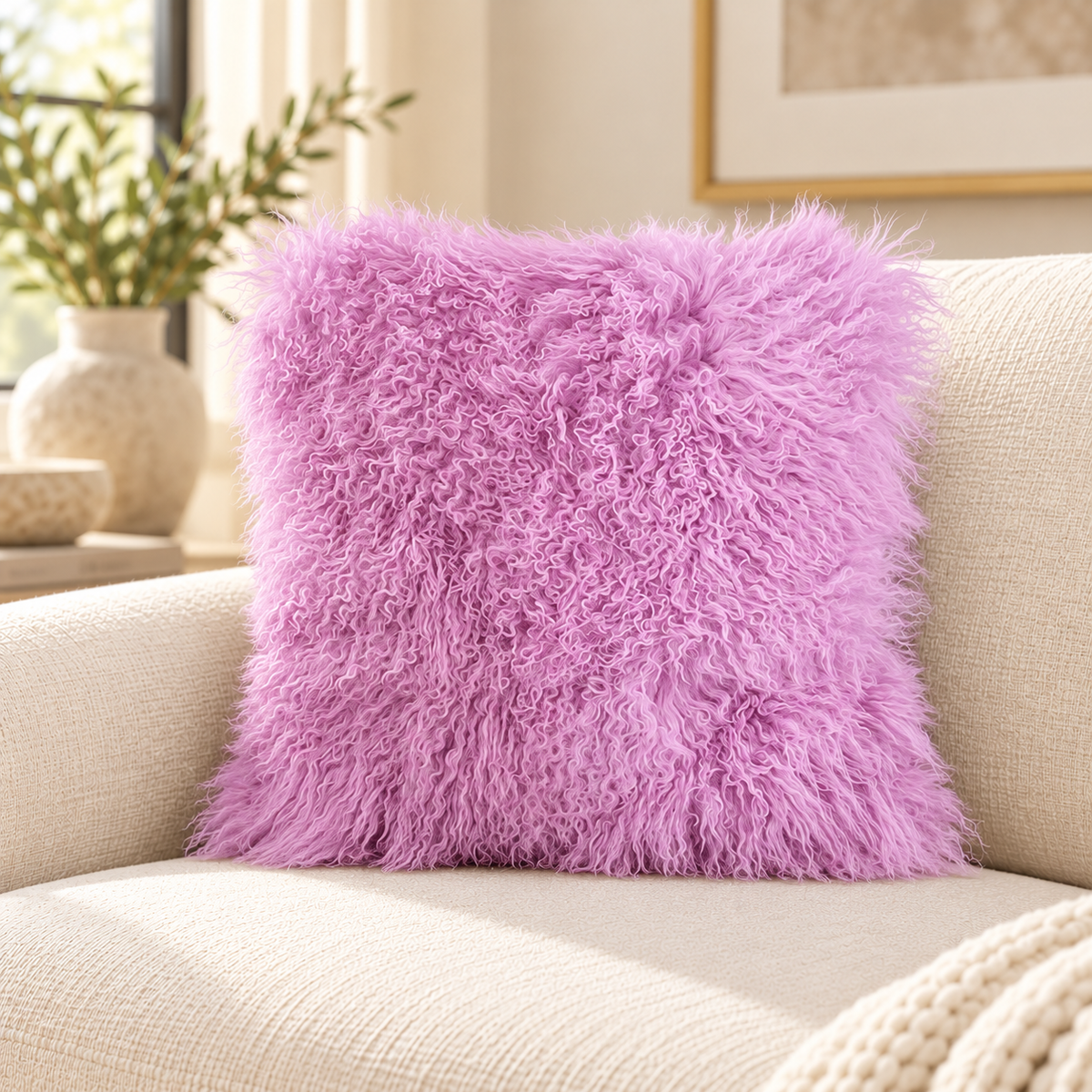 Mongolian/Tibetan Lamb Fur Pillow – 18″ × 18″ – Single-Sided