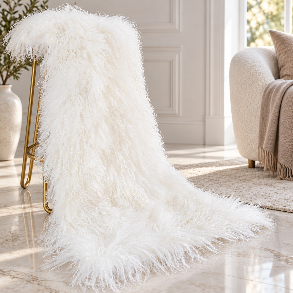 Mongolian/Tibetan Lamb Fur Sheepskin Plate – 2' × 4' - Bleached White