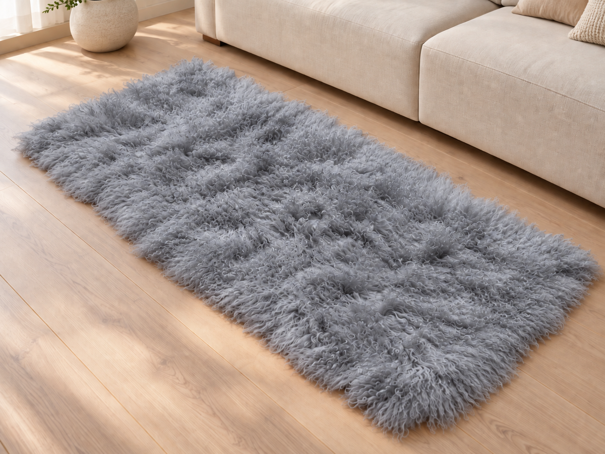 Grey Mongolian/Tibetan Lamb Fur Rug - 2' × 4'