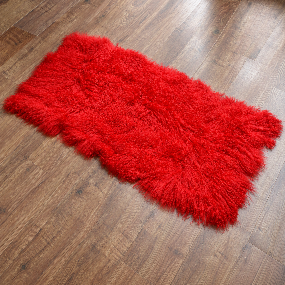 Red Mongolian/Tibetan Lamb Fur Rug - 2' × 4'