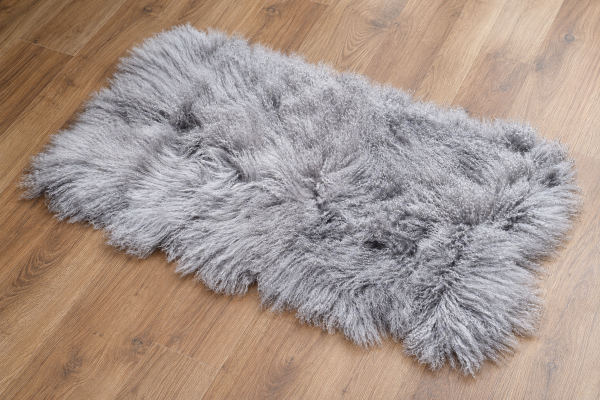 Silver Mongolian/Tibetan Lamb Fur Rug - 2' × 4'