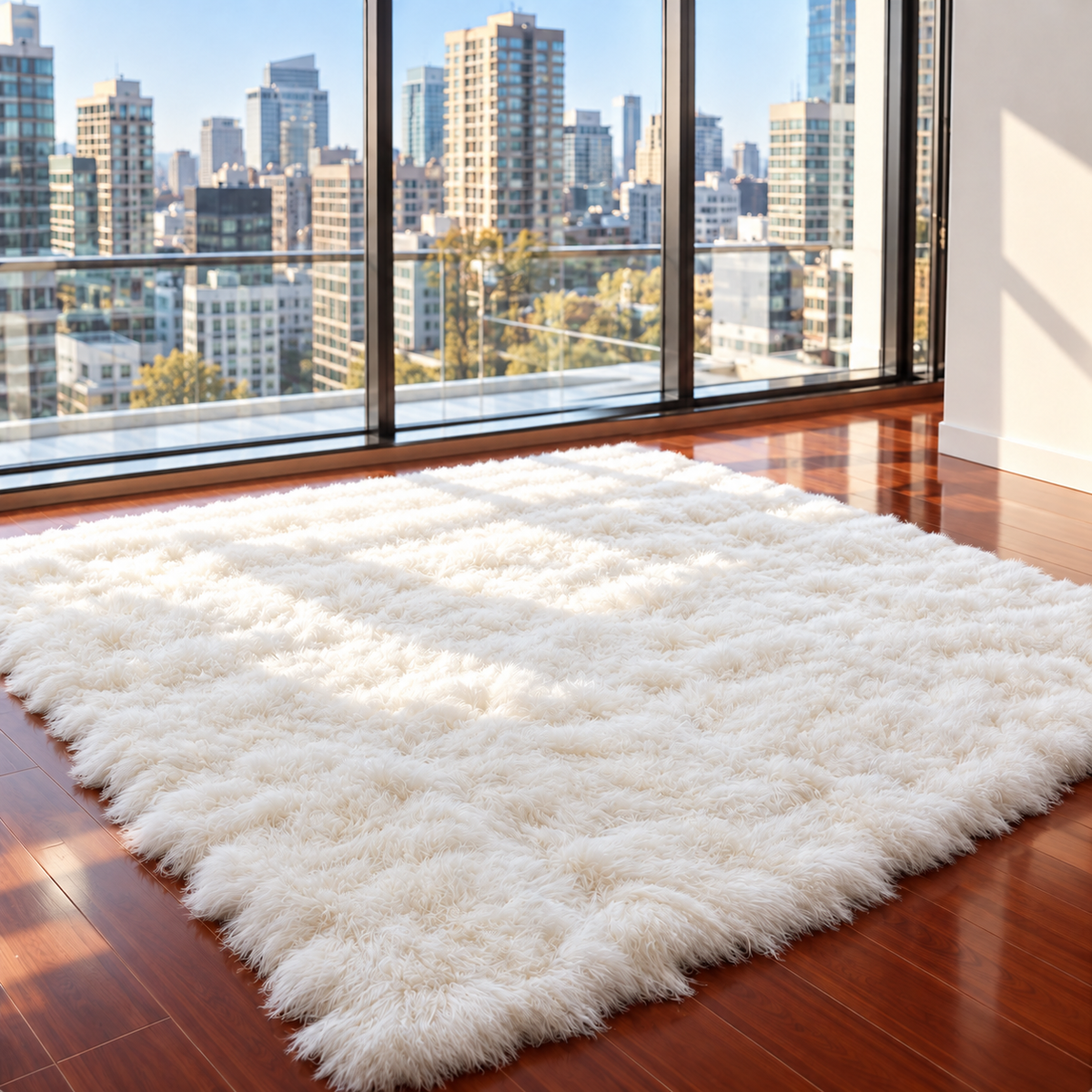 8' x 10' white Mongolian Tibetan lamb fur rug in contemporary living room