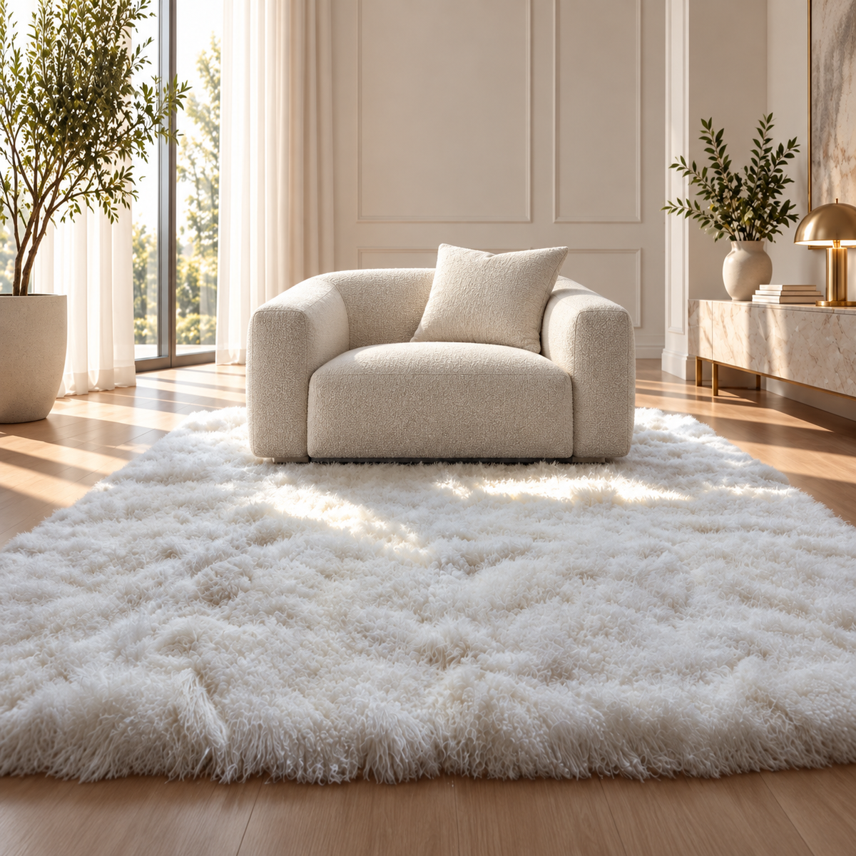 White Mongolian/Tibetan lamb fur 8' × 10' area rug with contemporary seating