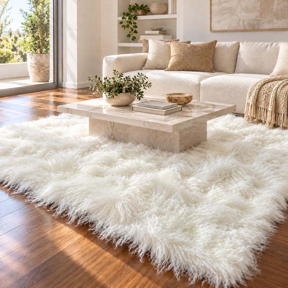 8' × 10' white Mongolian/Tibetan lamb fur rug styled in a modern interior