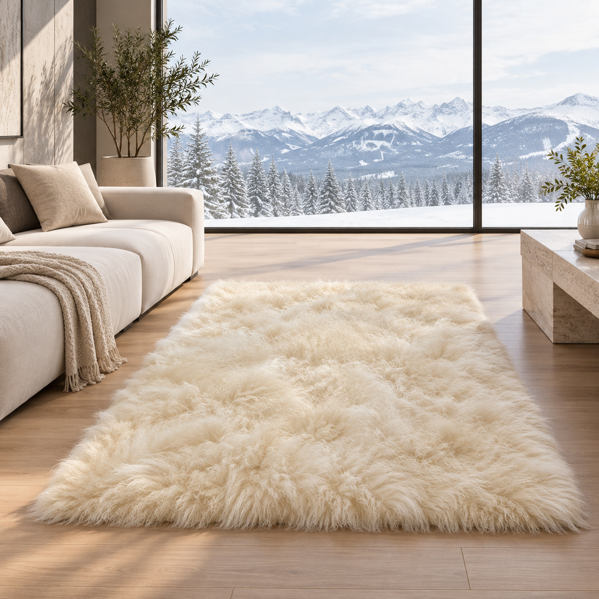 Beige Mongolian/Tibetan Lamb Fur Rug - 4' × 6'