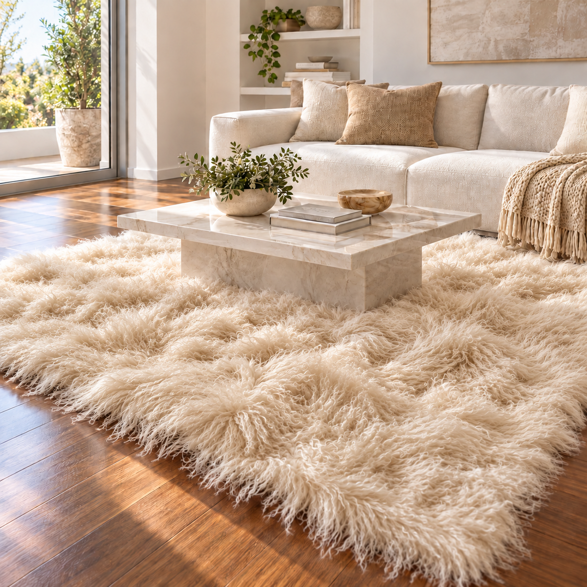 beige 8' × 10' Mongolian/Tibetan lamb fur rug in a contemporary living room