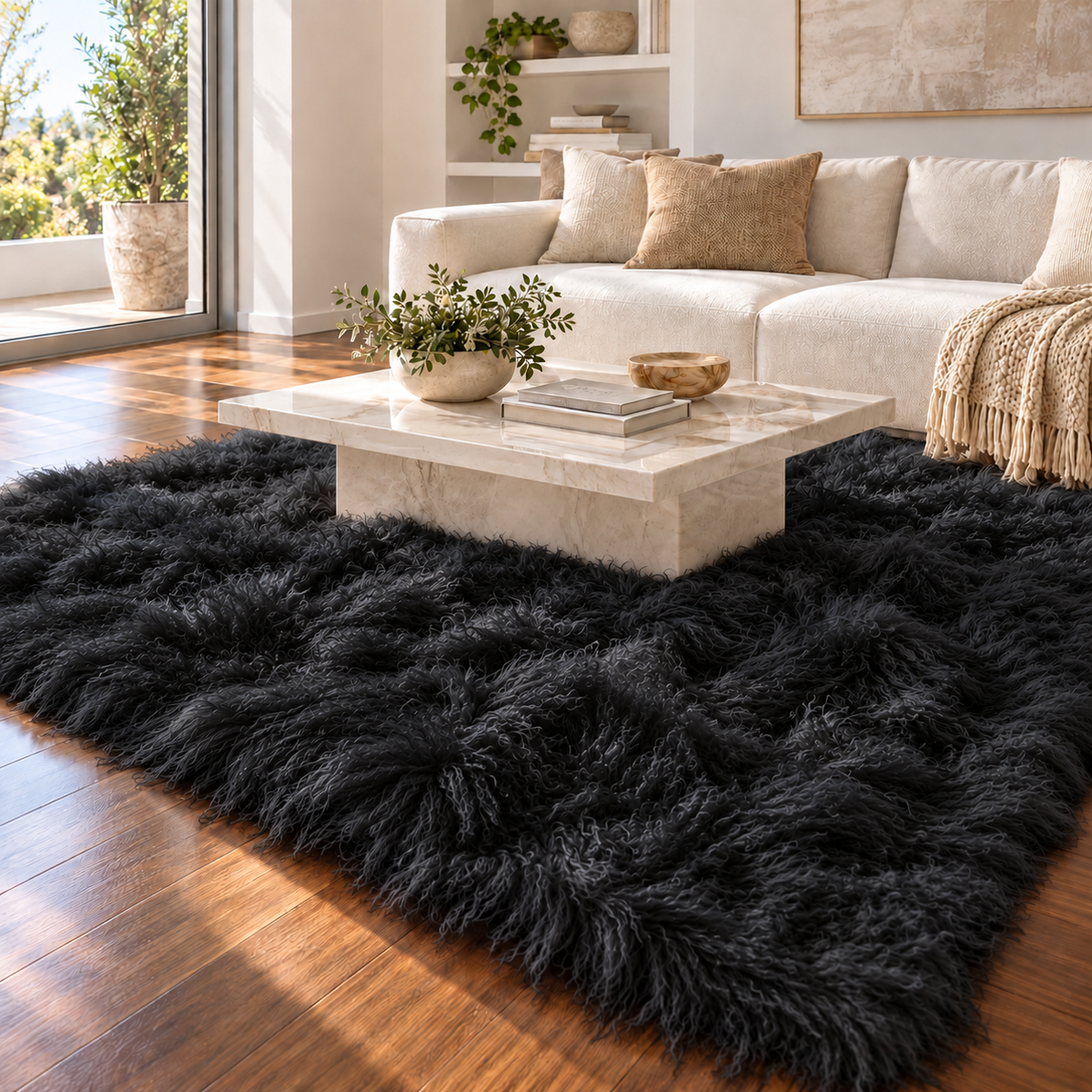 black 8' × 10' Mongolian/Tibetan lamb fur rug in a contemporary living room