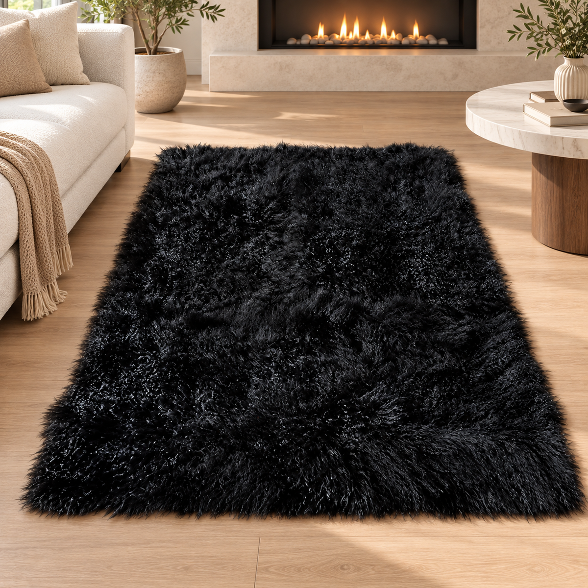 Black Mongolian/Tibetan Lamb Fur Rug - 4' × 6'
