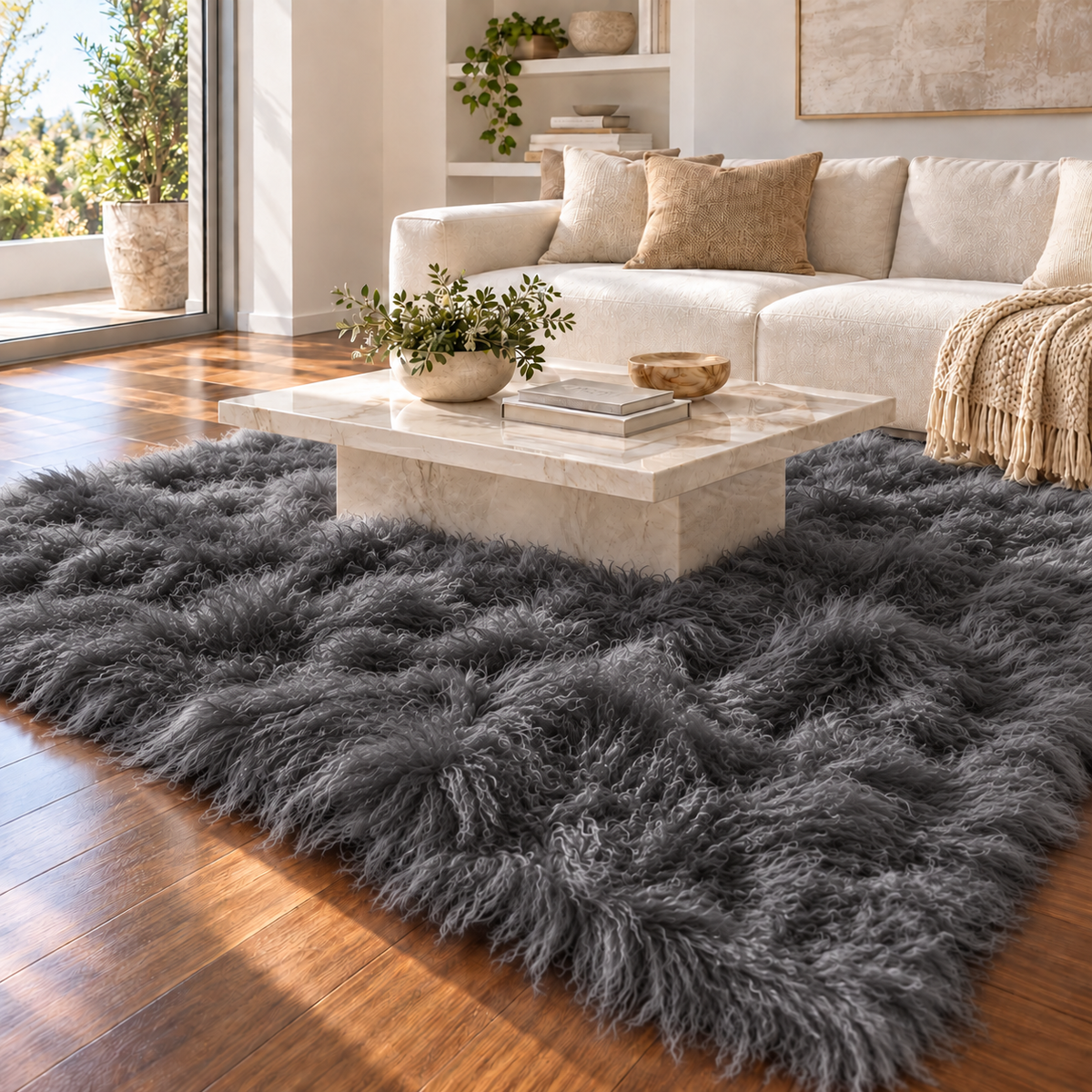 charcoal 8' × 10' Mongolian/Tibetan lamb fur rug in a contemporary living room