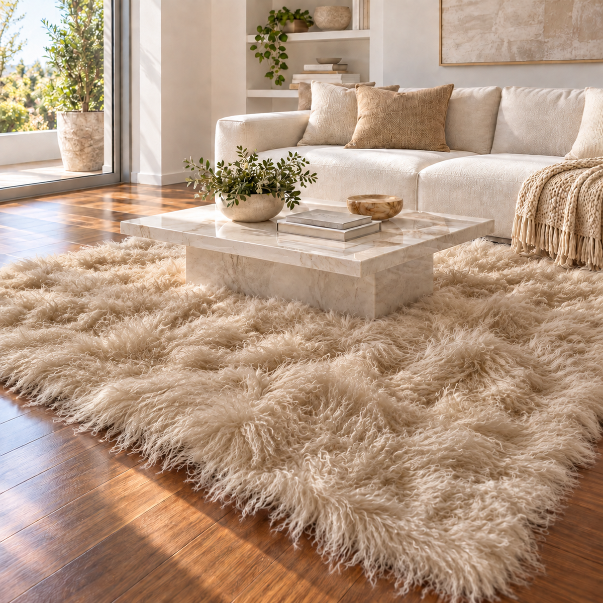 dark Beige 8' × 10' Mongolian/Tibetan lamb fur rug in a contemporary living room