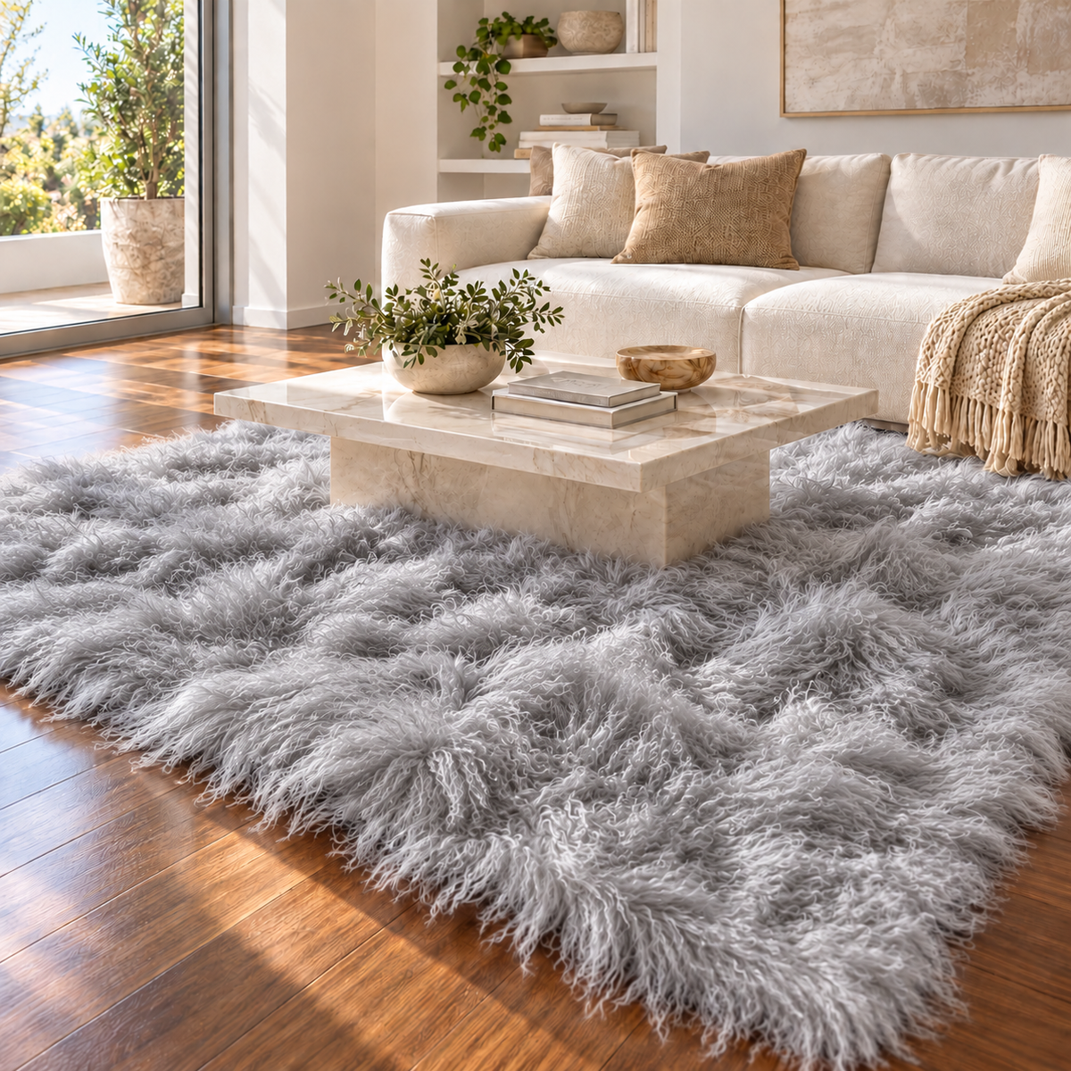 grey 8' × 10' Mongolian/Tibetan lamb fur rug in a contemporary living room