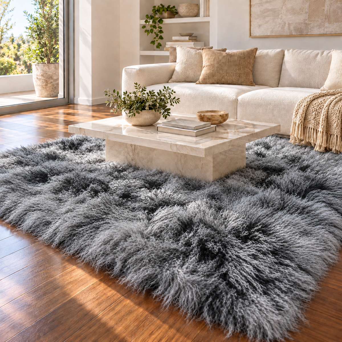 frosted black 8' × 10' Mongolian/Tibetan lamb fur rug in a contemporary living room