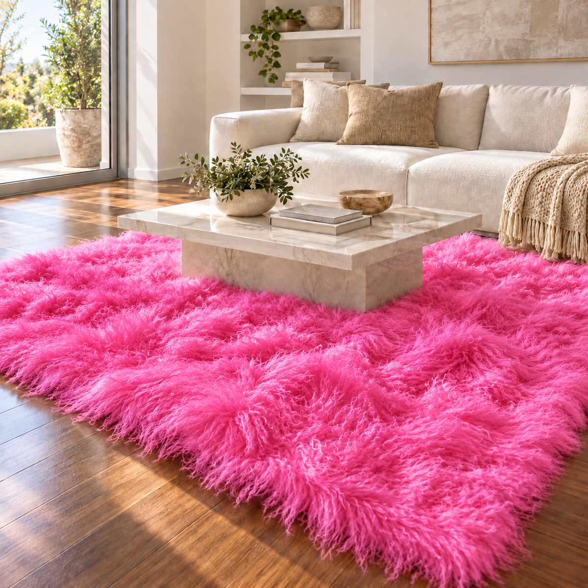 magenta 8' × 10' Mongolian/Tibetan lamb fur rug in a contemporary living room