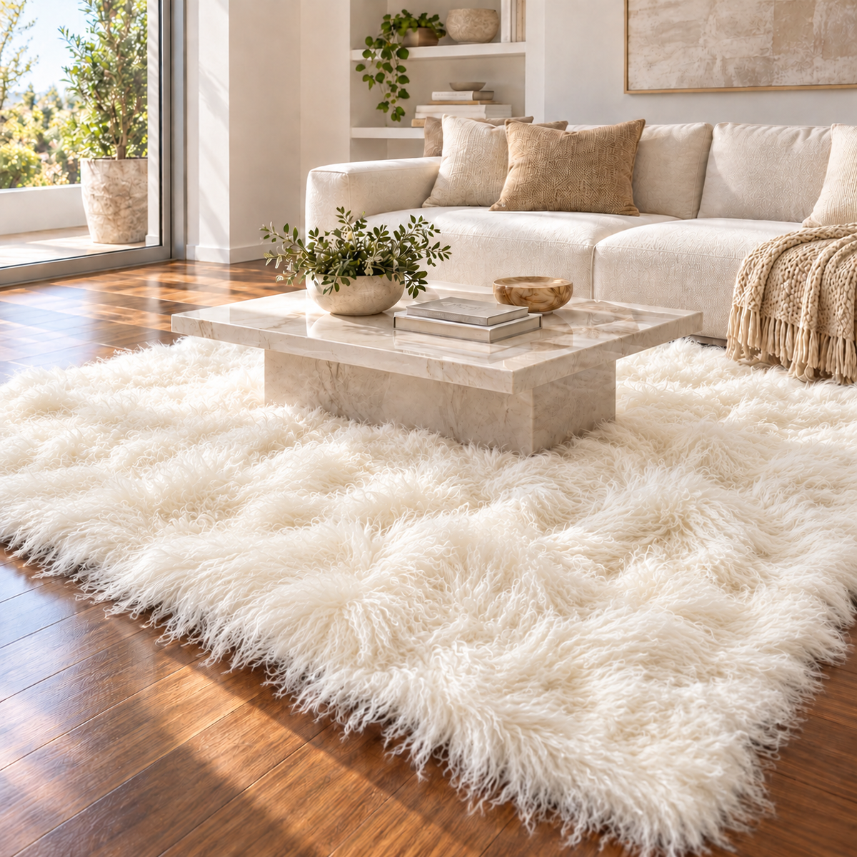 natural white 8' × 10' Mongolian/Tibetan lamb fur rug in a contemporary living room