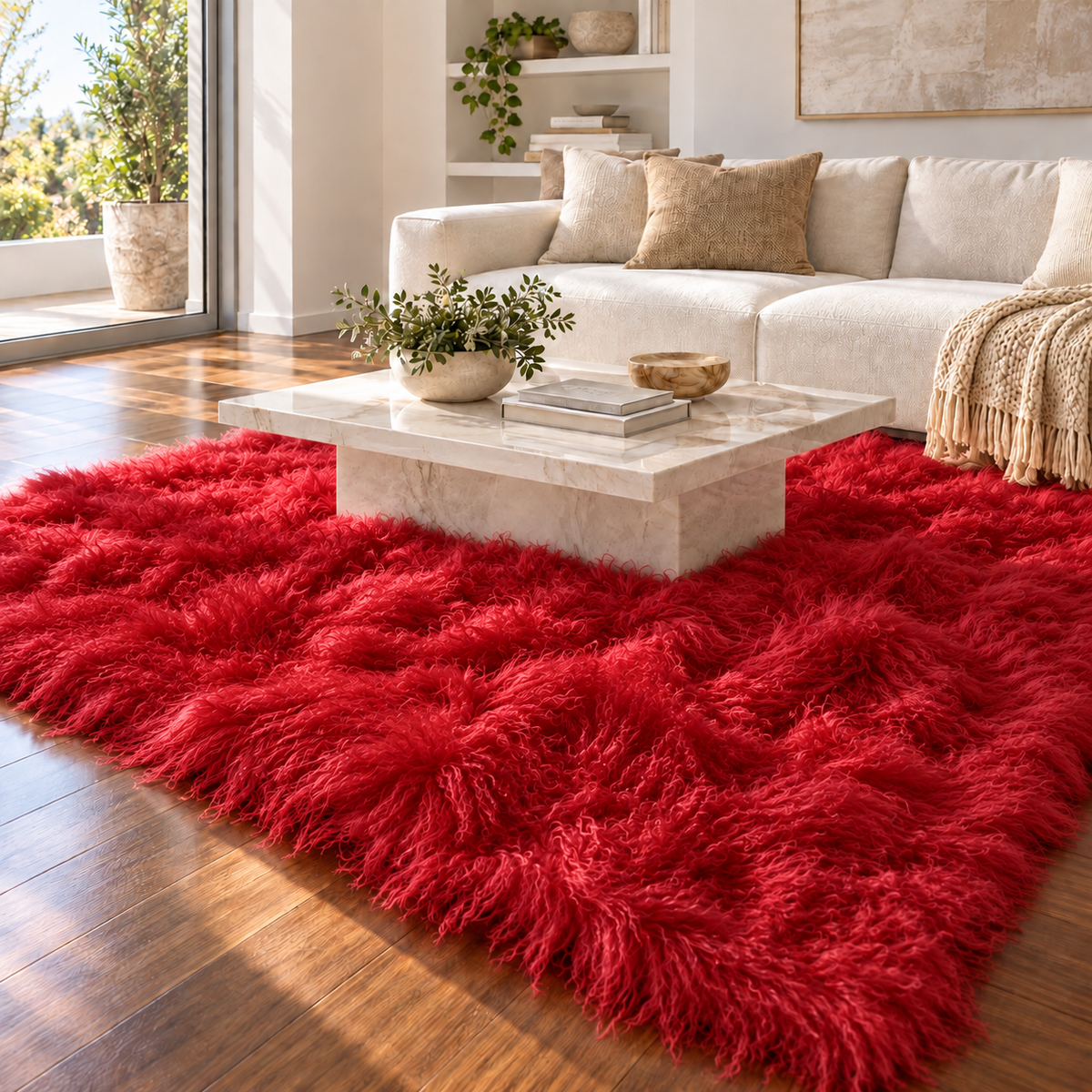 red 8' × 10' Mongolian/Tibetan lamb fur rug in a contemporary living room