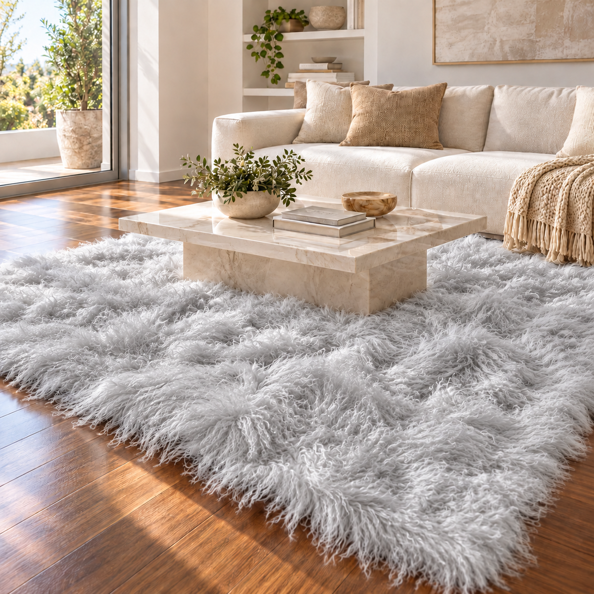 silver 8' × 10' Mongolian/Tibetan lamb fur rug in a contemporary living room