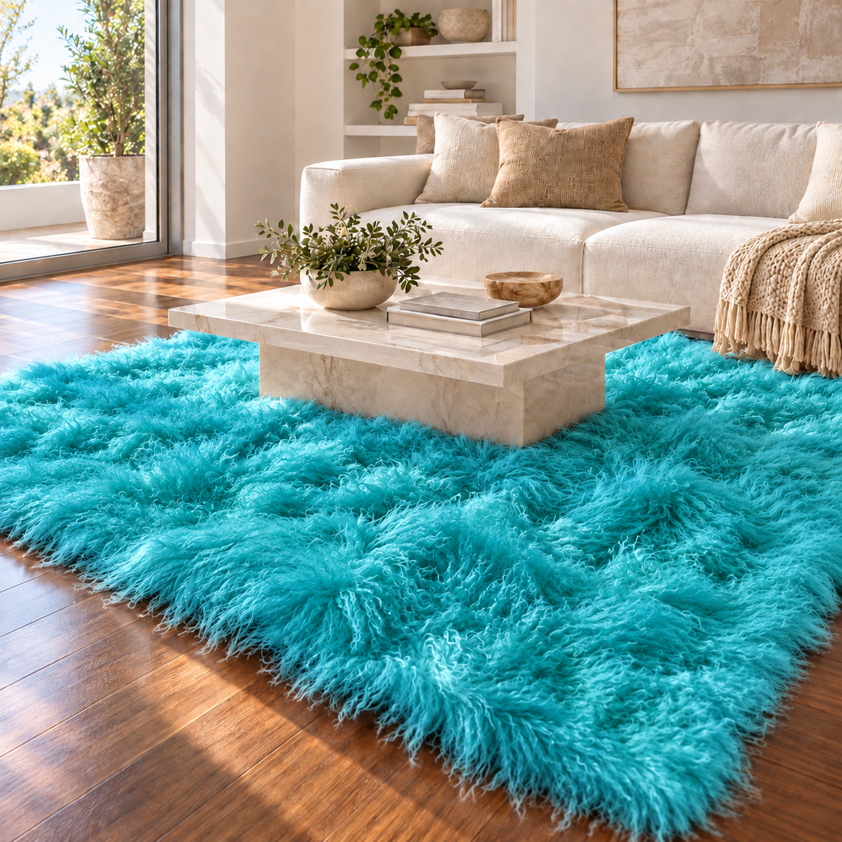 turquoise 8' × 10' Mongolian/Tibetan lamb fur rug in a contemporary living room