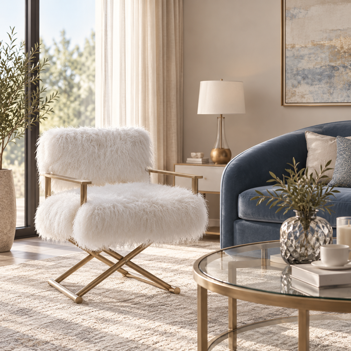 Mongolian/Tibetan Lamb Fur Director’s Chair – Gold Frame