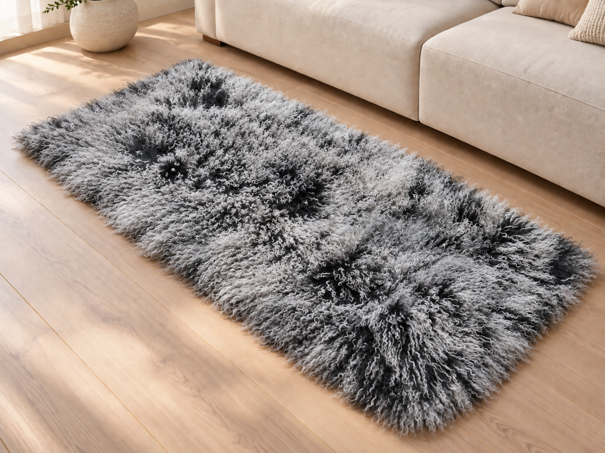 Black Mongolian/Tibetan Lamb Fur Rug - 2' × 4'