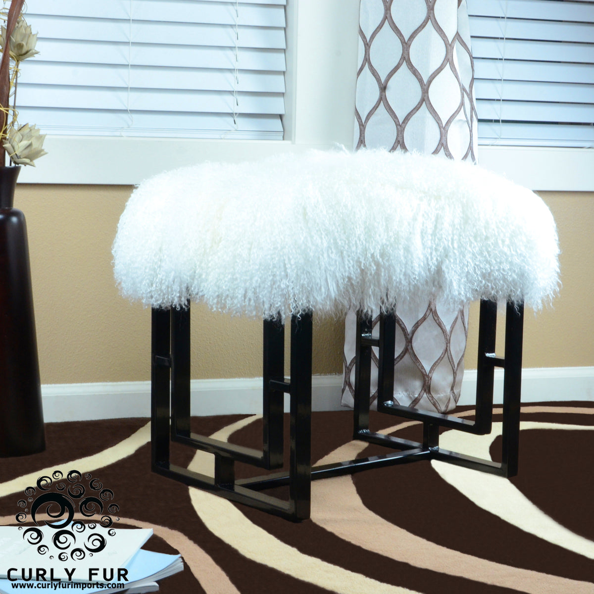 Mongolian Lamb Fur Bench With Black Metal Base
