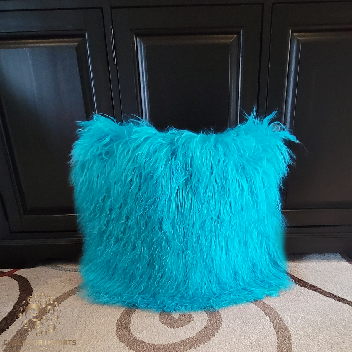 20" x 20" Tibetan Mongolian Lamb Fur Pillow Double Sided — Turquoise