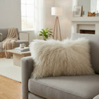 12" x 20" Tibetan Mongolian Lamb Fur Lumbar Pillow Single Sided — Beige
