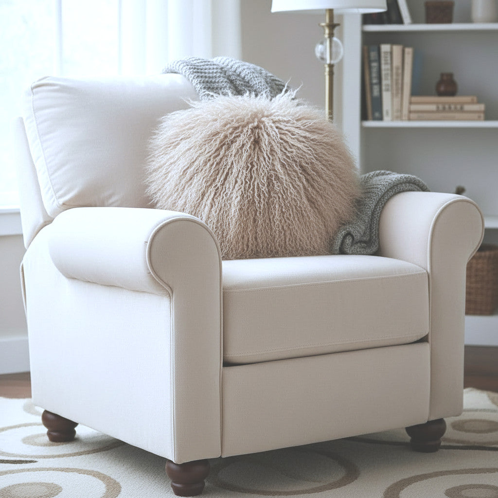 16" Round Tibetan Mongolian Lamb Fur Pillow Single Sided — Beige